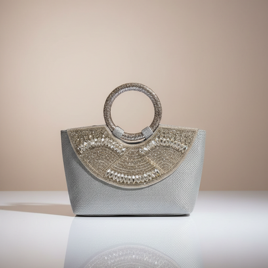 Women's Heavy Bead Work Party Handbag, Designer Ring Handle, Embellished Front Panel (Silver)