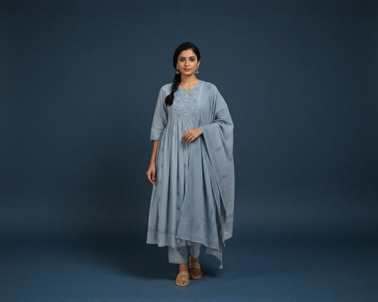 Pastel Blue Thread Embroidered Cotton Kurti Set