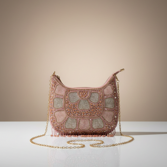 Women's Pink Chain Sling Party Bag, Heavy Bead Work, Single Compartment