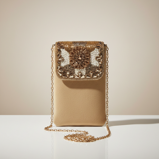 Women's Embellished Chain Sling Party Bag, Heavy Bead Work, Flap Closure (Beige & Silver)