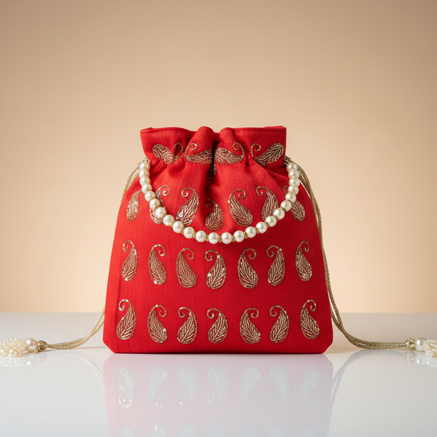 Women's Embroidered Potli Bag, Pearl Handle, Drawstring Closure (Navy Blue, Green, Red, Silver & Gold)