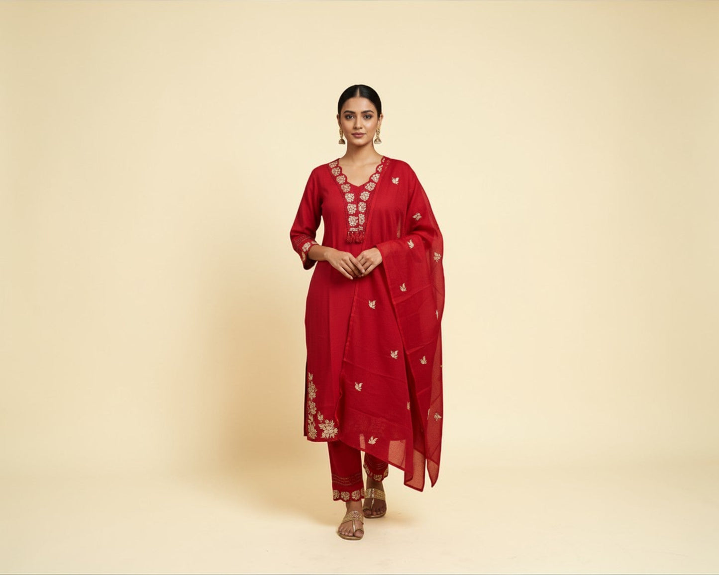Red V-Neck Embroidered Kurti Set with Scallop Detailing