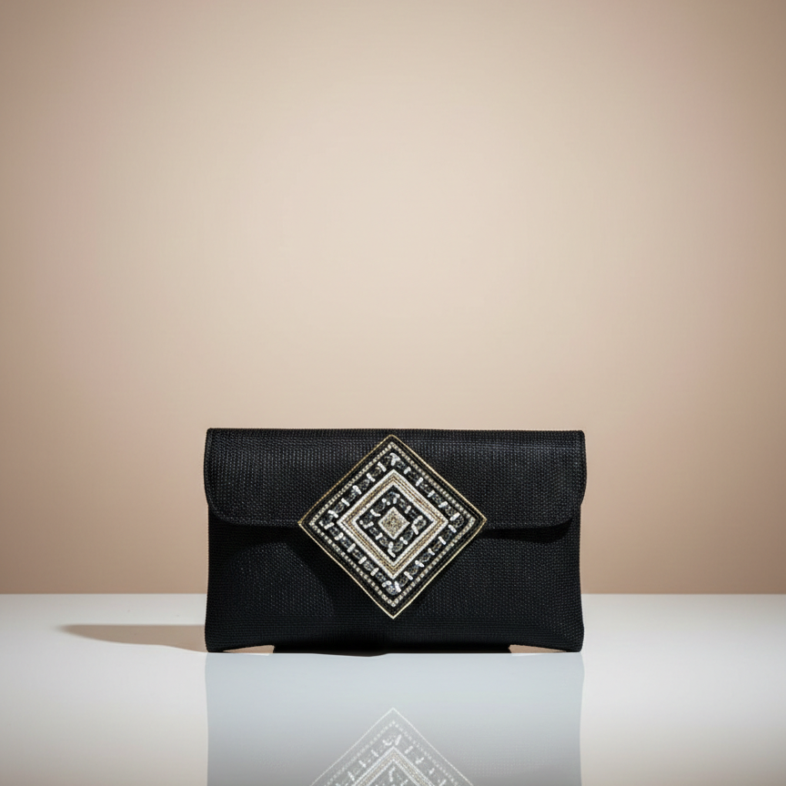 Women's Party Clutch, Stone Embellished Flap, Single Compartment (Copper & Black)