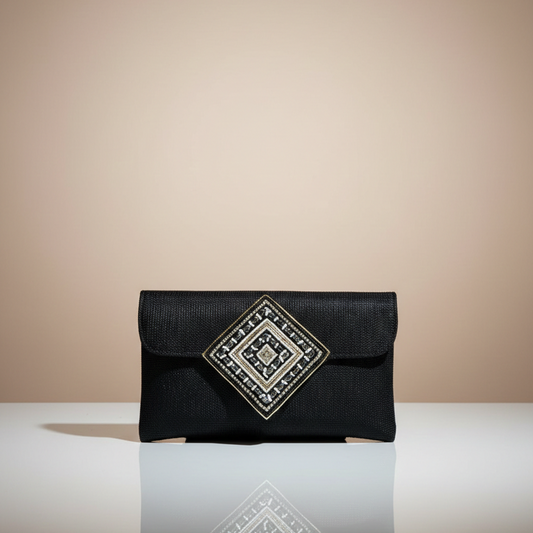 Women's Party Clutch, Stone Embellished Flap, Single Compartment (Copper & Black)