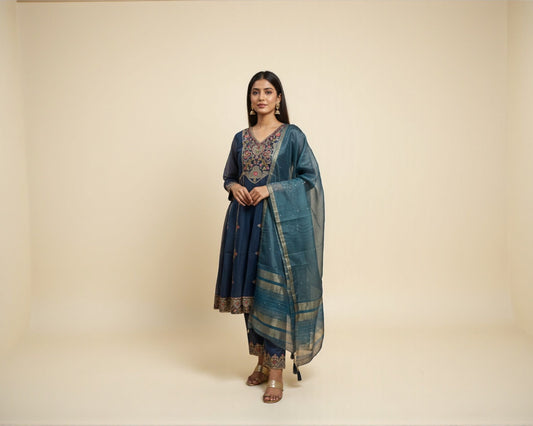 Teal Blue Zari Tissue Sequin & Bead-Embroidered Full-Sleeve Kurti Set for Women