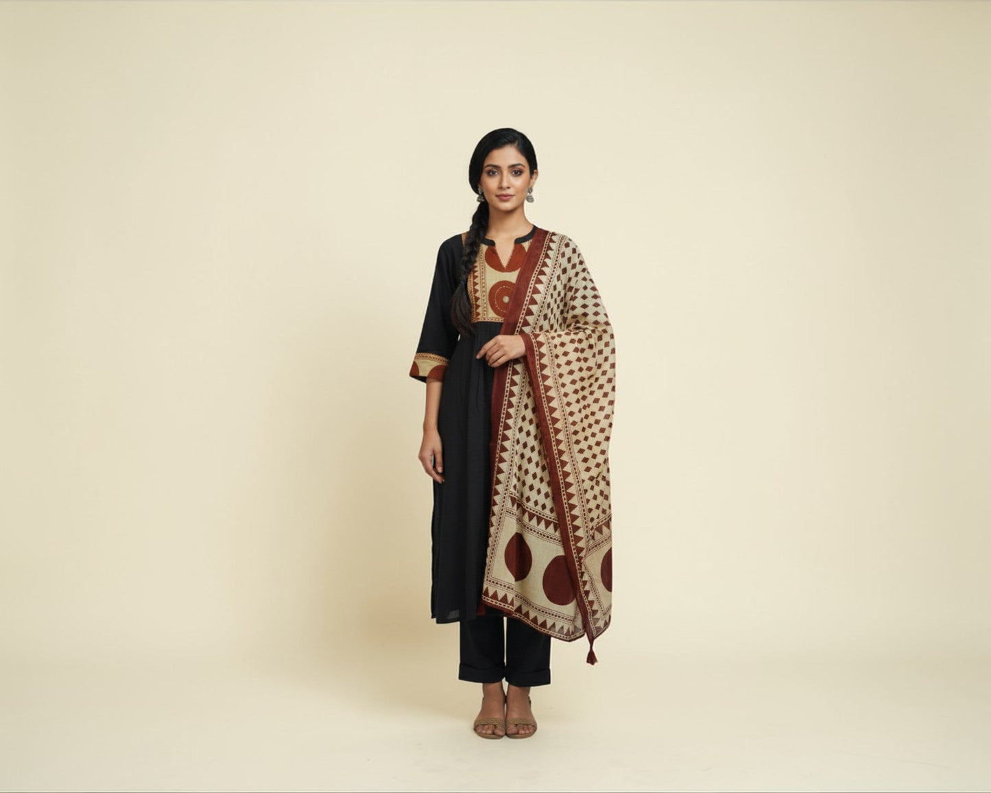 Black Close Neck Kurti Set with Brown Sandal Motif Yoke Design