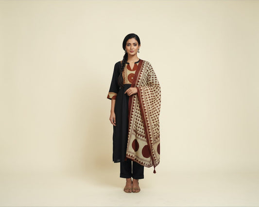 Black Close Neck Kurti Set with Brown Sandal Motif Yoke Design