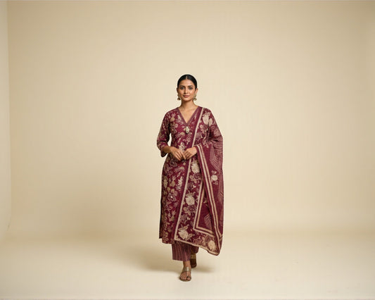 Purple Cotton Kurti Set with All-Over Floral Design for Women