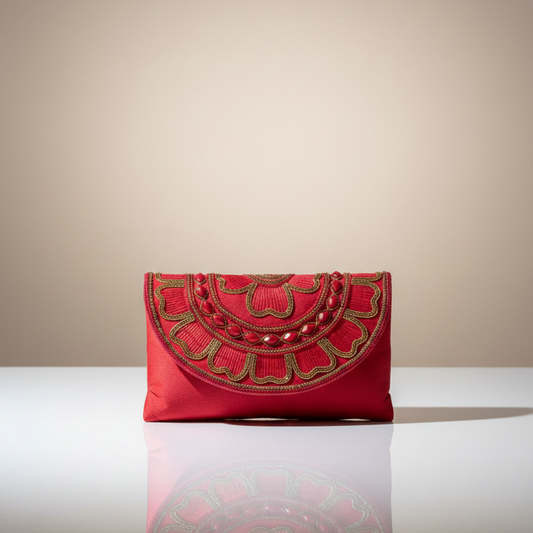 Women's Embellished Party Sling Bag, Floral Bead Work Design, Flap Closure (Red)