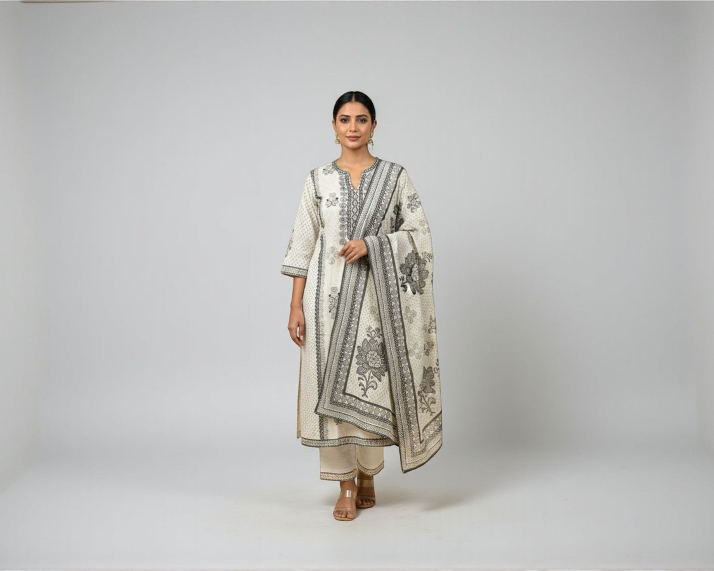 White & Black V-Neck Thread Embroidery Kurti Set
