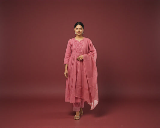 Pink Embroidered Kurti Set with All-Over Design for Women
