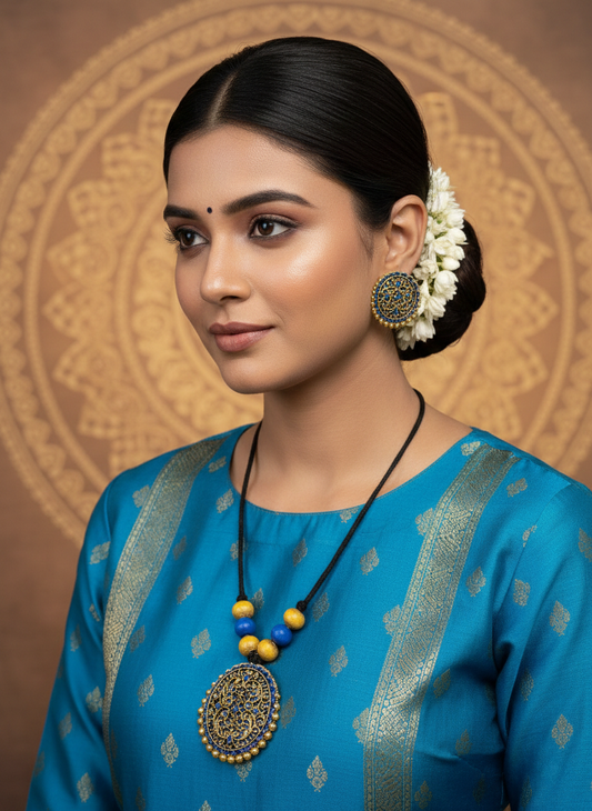 Blue & Gold Terracotta Neckpiece (Black Thread)