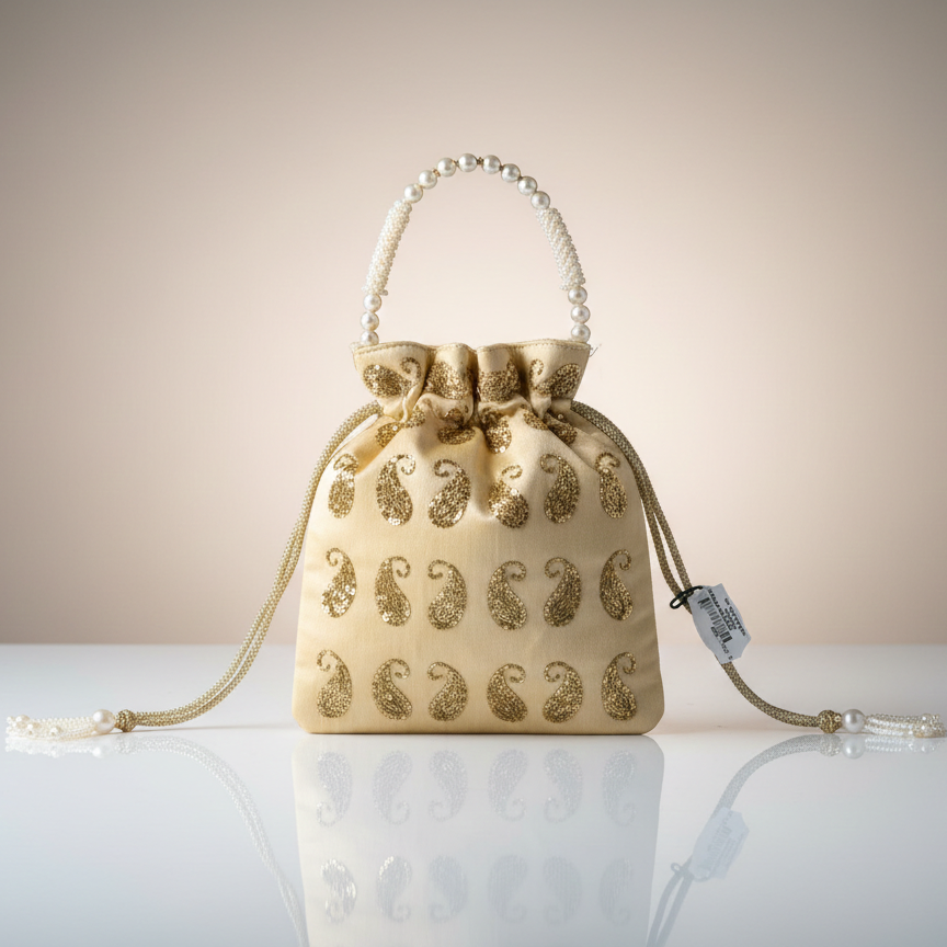 Women's Embroidered Potli Bag, Pearl Handle, Drawstring Closure (Navy Blue, Green, Red, Silver & Gold)