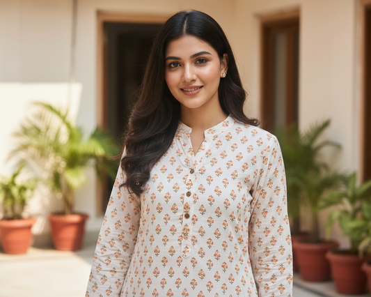 White Floral Close-Neck Cotton Tunic Top with Brown Buttons for Women