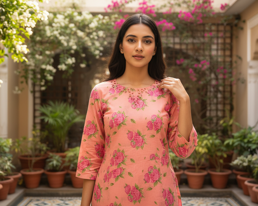 Pink Floral Tunic Top with 3/4th Sleeves for Women