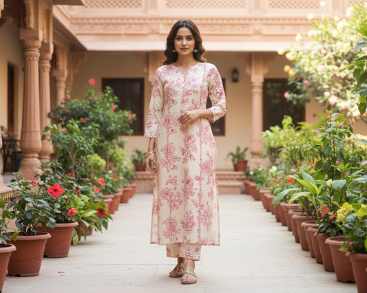 Half White Cotton Kurti with Pink Floral Design & Close Collar