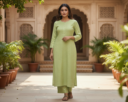 Pista Green Chikankari Round-Neck Kurti for Women