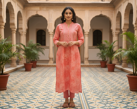 Peach Cotton Bandhini Round-Neck Kurti for Women