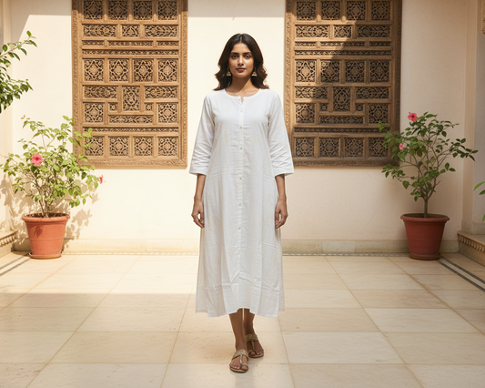 White Thread Embroidery Round-Neck Kurti for Women