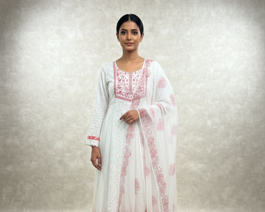 White Hakoba Cotton Kurti Set with Pink Embroidery for Women