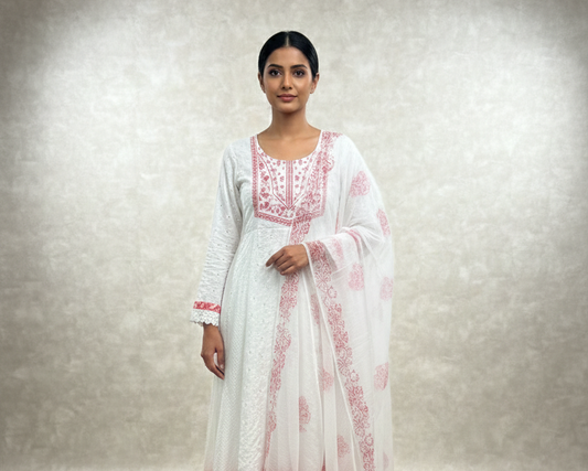 White Hakoba Cotton Kurti Set with Pink Embroidery for Women