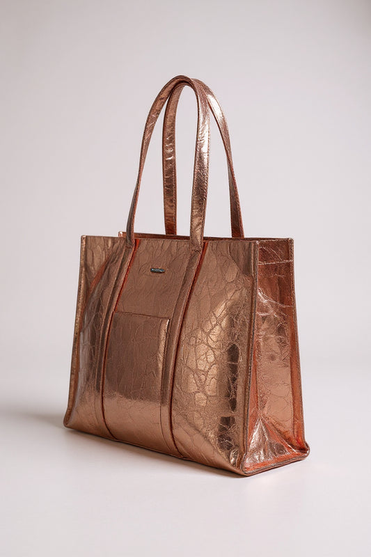 Espelho Women's Glossy Party Handbag, Metallic Finish, Top Handle (Rose Gold and Black)