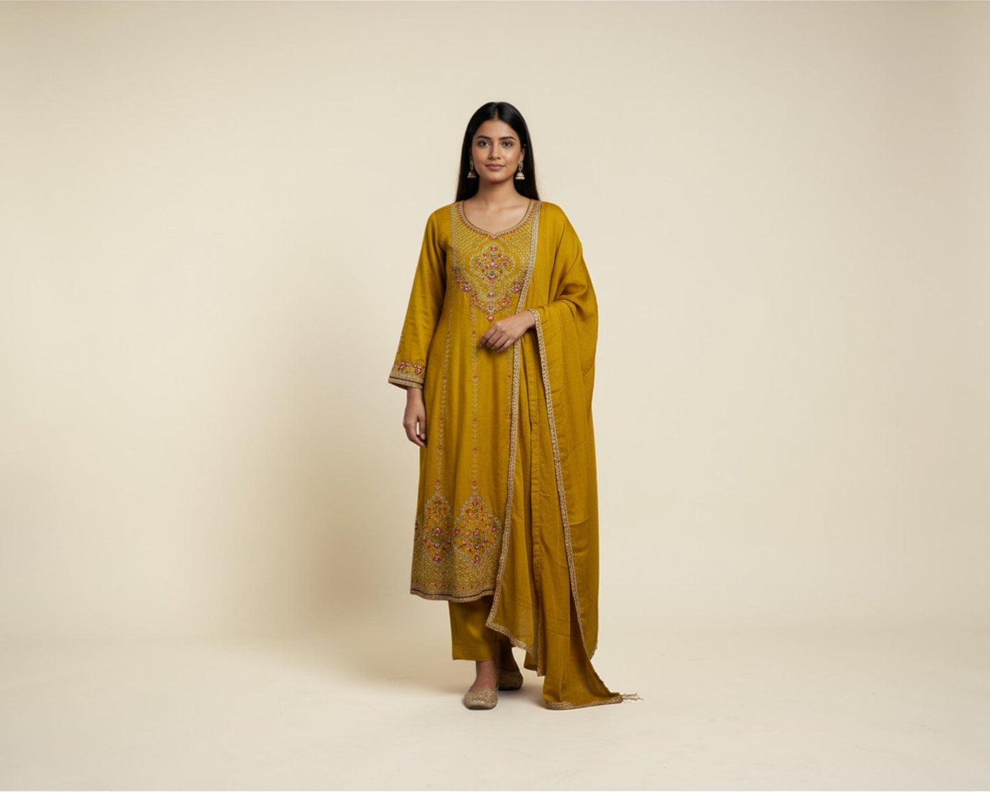 Amber Embroidered Yoke Silk Kurti Set with Dupatta for Women