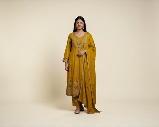 Amber Embroidered Yoke Silk Kurti Set with Dupatta for Women