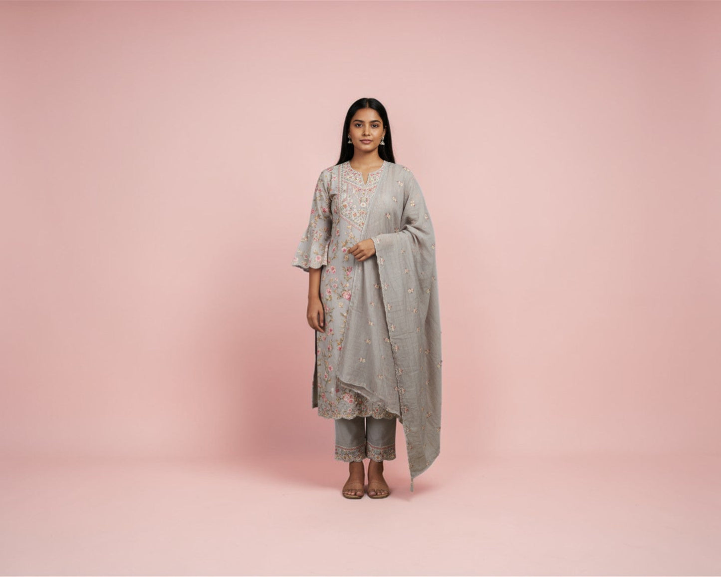 Ash Embroidered Yoke Cotton Kurti Set for Women
