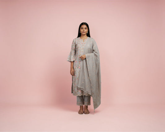 Ash Embroidered Yoke Cotton Kurti Set for Women