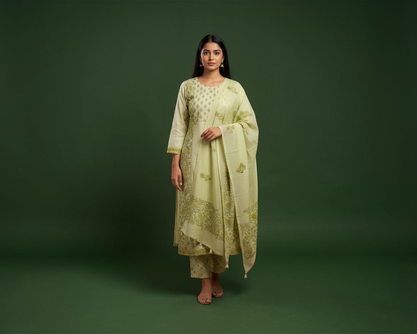 Pista Green Floral Cotton Kurti Set for Women