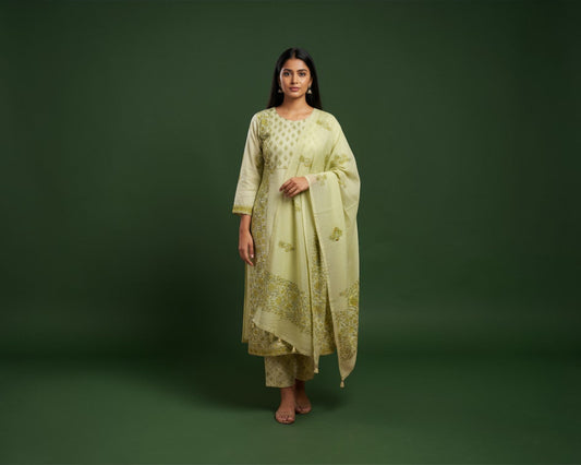 Pista Green Floral Cotton Kurti Set for Women