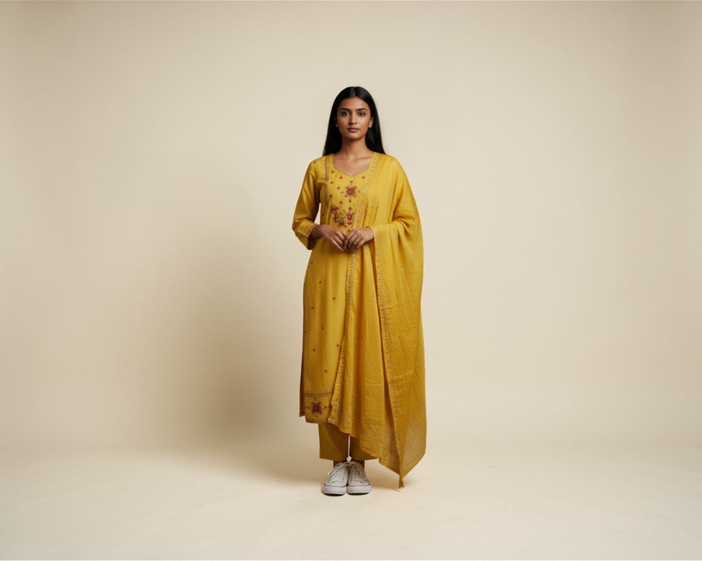 Amber Embroidered Yoke Cotton Kurti Set with Pant & Dupatta for Women