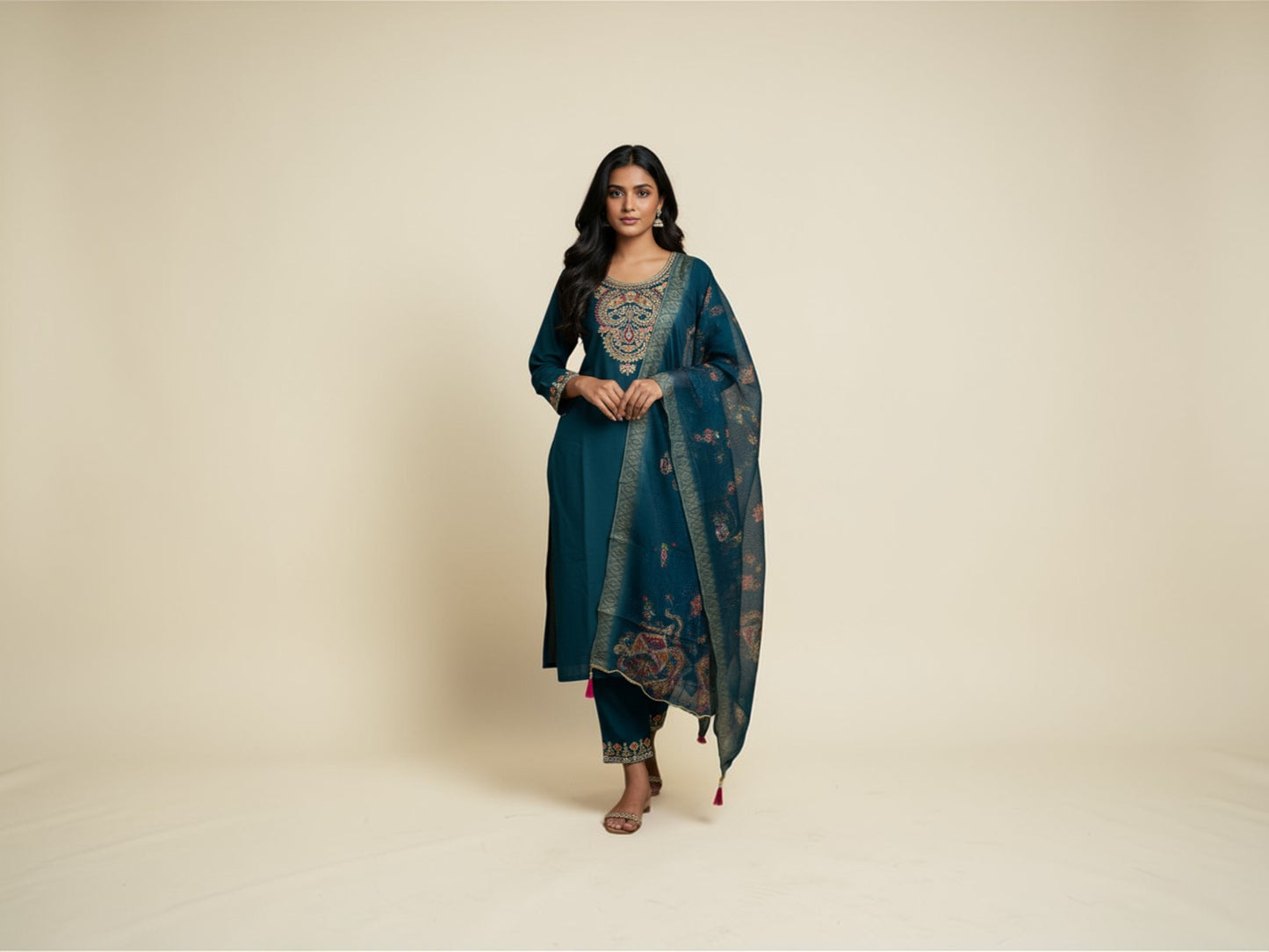 Teal Blue Sequin & Bead-Embroidered Semi-Silk Kurti Set with Dupatta for Women